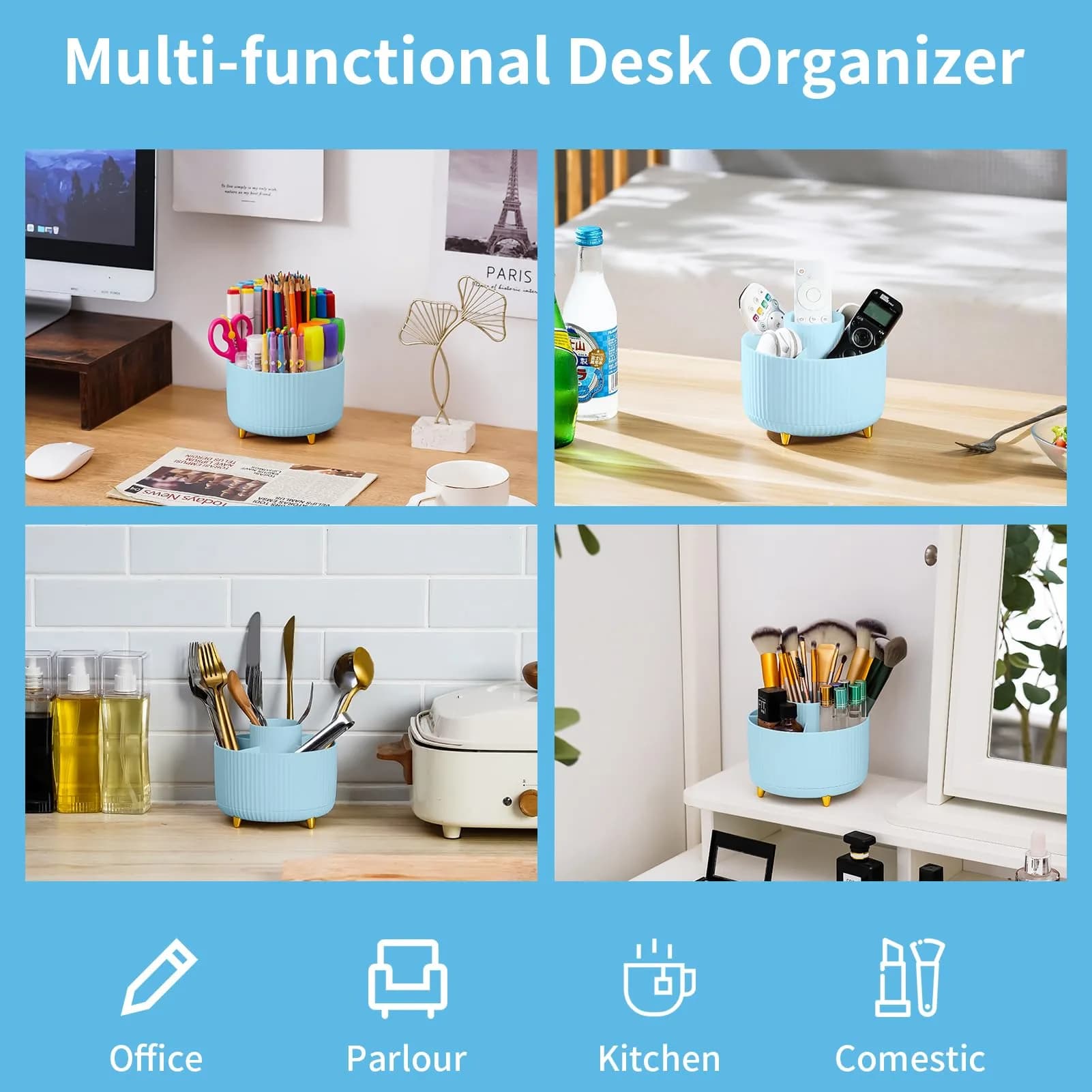 Marbrasse Rotating Desk Organizer with 5 Compartments, Light Blue | Cute Teacher Desk Decor for Office & Home by Marbrasse - view 2