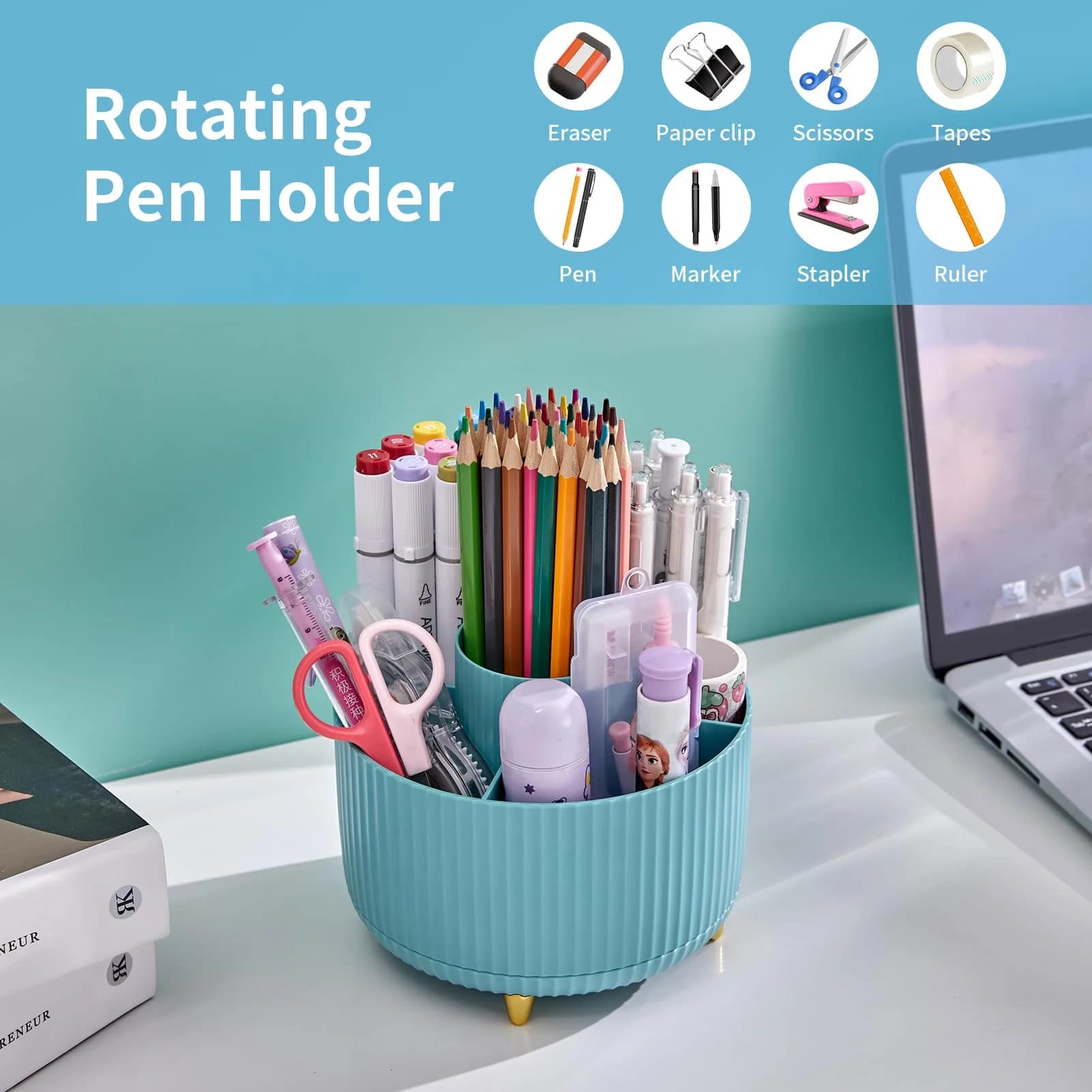 Marbrasse Rotating Desk Organizer with 5 Compartments, Light Blue | Cute Teacher Desk Decor for Office & Home by Marbrasse - view 3