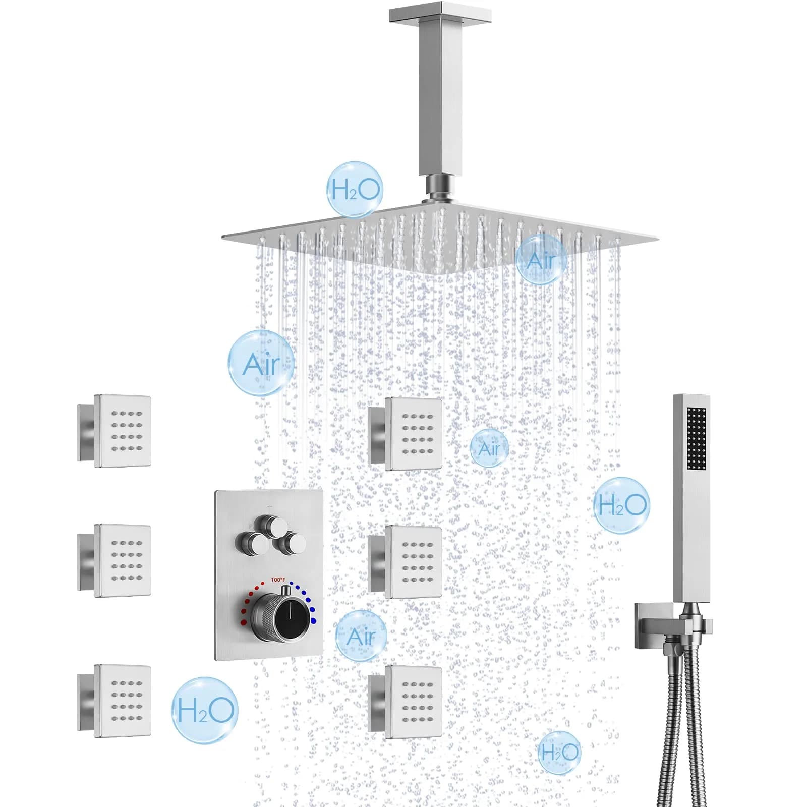 EVERSTEIN Shower System with Body Jets | 12 Inch Rain Mixer Set | Brushed Nickel - main product image