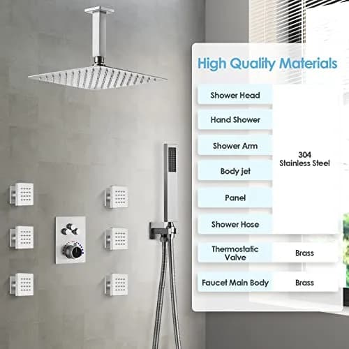 EVERSTEIN Shower System with Body Jets | 12 Inch Rain Mixer Set | Brushed Nickel thumbnail 7
