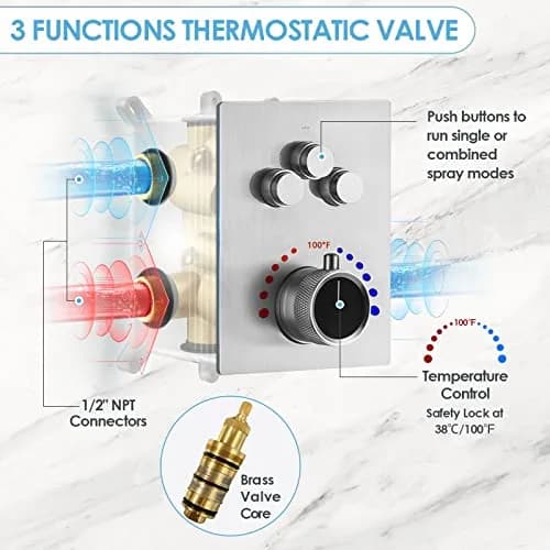 EVERSTEIN Shower System with Body Jets | 12 Inch Rain Mixer Set | Brushed Nickel thumbnail 3
