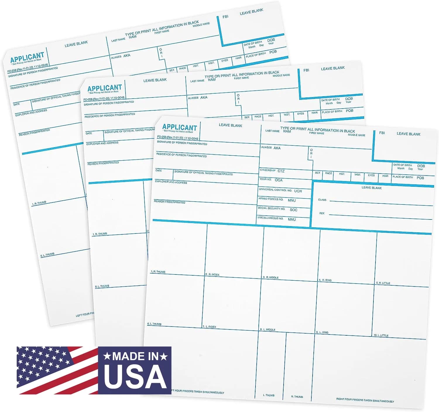 NATIONAL GUN TRUSTS FD-258 Fingerprint Cards 8 x 8 inches | Made in USA, 3 Pack, Heavy Card Stock — NO ORI