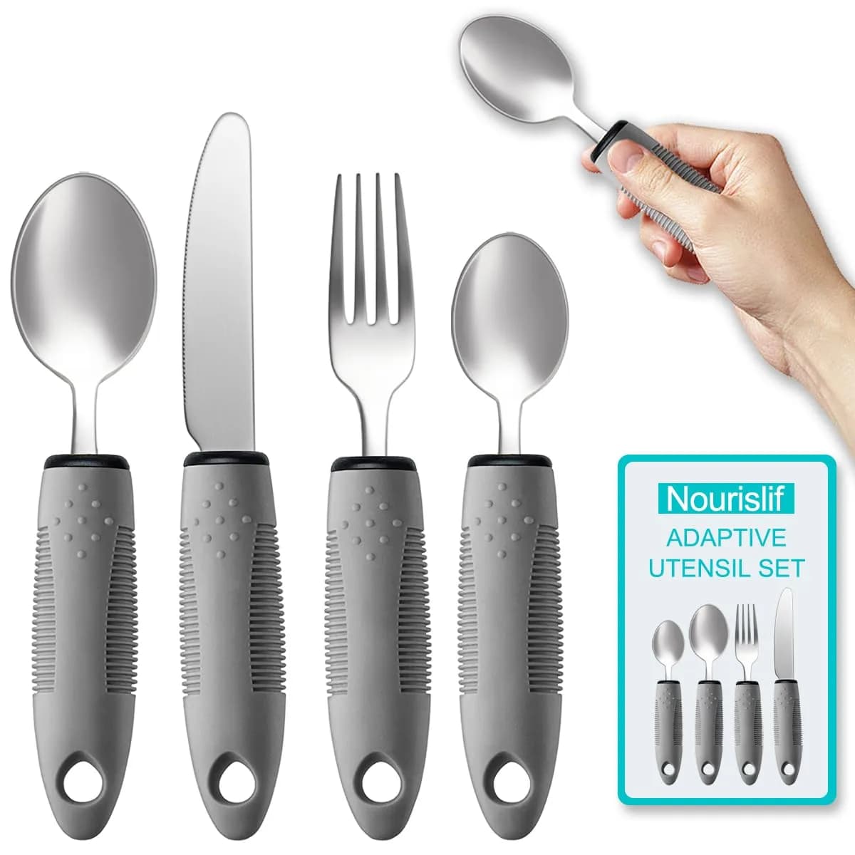 Nourislif Adaptive Utensils 4-Piece Set (13.9cm x 22.7cm x 2.5cm) | Easy-Grip Silverware for Hand Tremors, Elderly, Arthritis — 1.Grey