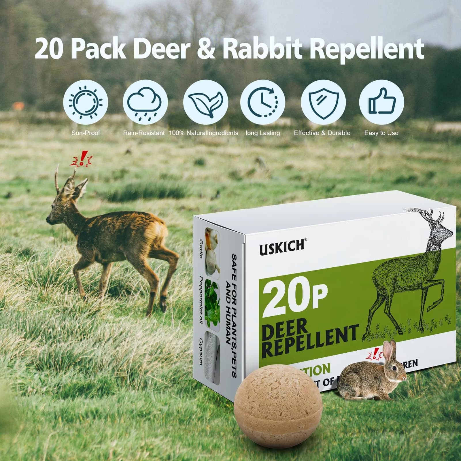 USKICH 20 Pack Deer & Rabbit Repellent Sticks | Peppermint & Garlic Scent (20 Count) - view 2