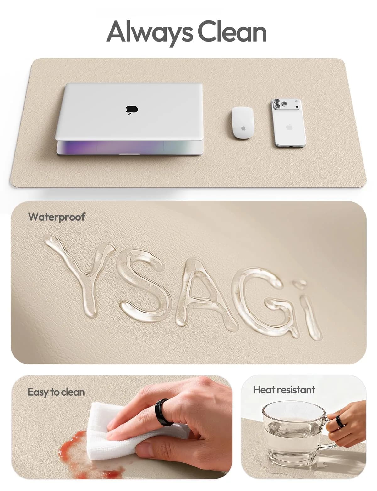 YSAGi PU Leather Desk Pad Protector, Large Mouse Pad, Eggshell (23.6" x 13.8" / 60cm x 35cm) - view 8