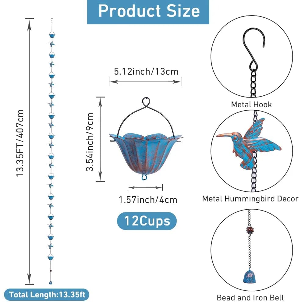 giole Hummingbird Rain Chain 2.27 kg (5 lb) | 12 Cups & 11 Hummingbirds, 3.96 m (13.4 ft) Length | Decorative Gutter Alternative - view 2