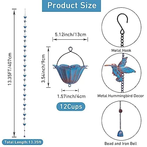 giole Hummingbird Rain Chain 2.27 kg (5 lb) | 12 Cups & 11 Hummingbirds, 3.96 m (13.4 ft) Length | Decorative Gutter Alternative thumbnail 2