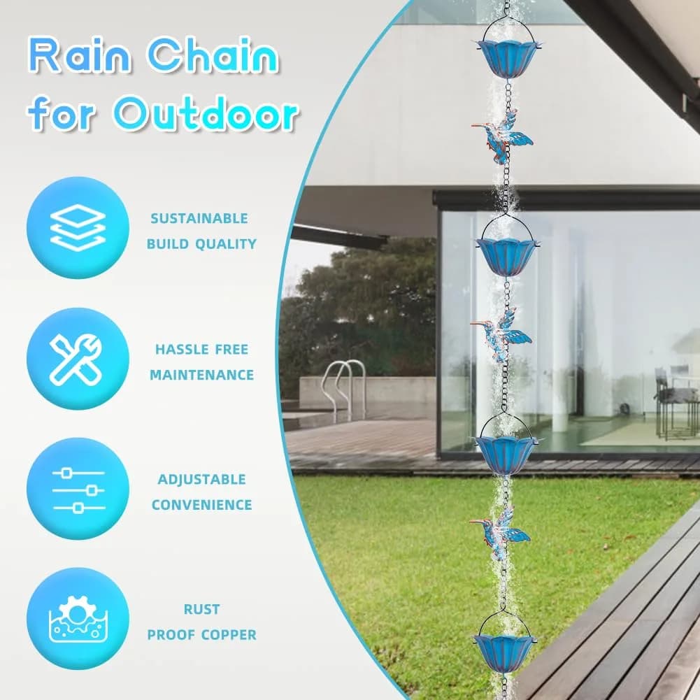 giole Hummingbird Rain Chain 2.27 kg (5 lb) | 12 Cups & 11 Hummingbirds, 3.96 m (13.4 ft) Length | Decorative Gutter Alternative - view 3
