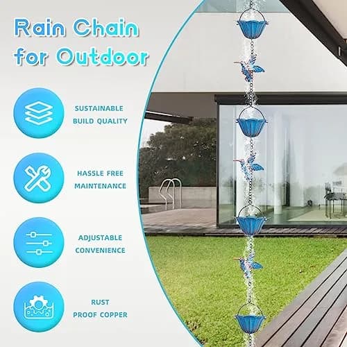 giole Hummingbird Rain Chain 2.27 kg (5 lb) | 12 Cups & 11 Hummingbirds, 3.96 m (13.4 ft) Length | Decorative Gutter Alternative thumbnail 3