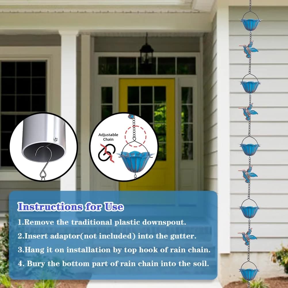 giole Hummingbird Rain Chain 2.27 kg (5 lb) | 12 Cups & 11 Hummingbirds, 3.96 m (13.4 ft) Length | Decorative Gutter Alternative - view 4