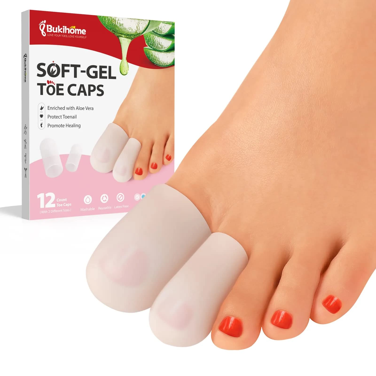 Bukihome Silicone Toe Protectors - 12 Pack Gel Toe Sleeves for Pain Relief & Protection (8L + 4S) | Aloe Vera & Essential Oils — Clear