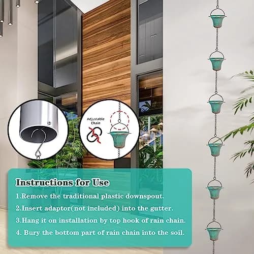 giole 11ft (3.35m) Green Metal Rain Chain with 12 Cups | Serene Ambiance for Gardens & Patios thumbnail 4