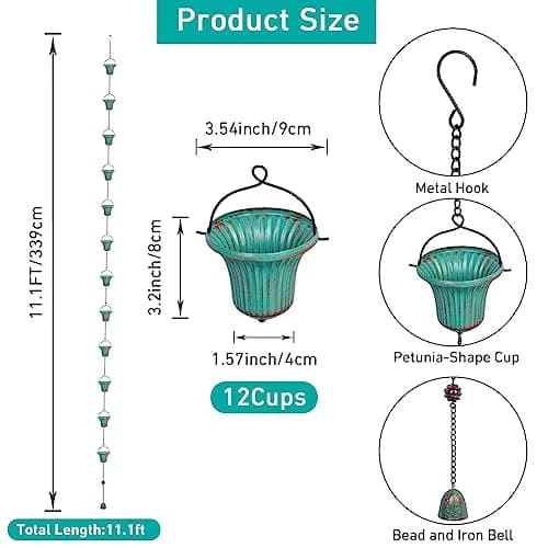 giole 11ft (3.35m) Green Metal Rain Chain with 12 Cups | Serene Ambiance for Gardens & Patios thumbnail 3