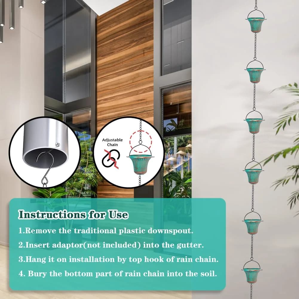 giole 11ft (3.35m) Green Metal Rain Chain with 12 Cups | Serene Ambiance for Gardens & Patios - view 4