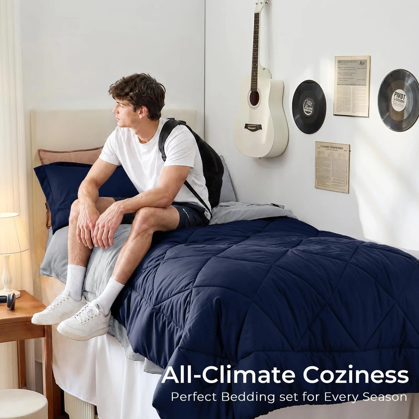 HEVUMYI 5-Piece Twin Comforter Set Navy Blue & Grey 173cm x 224cm (68" x 88") | Cloud-Like Microfiber Bedding for All Seasons - view 4