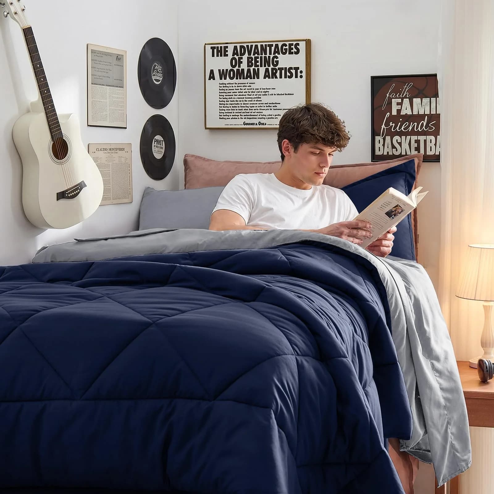 HEVUMYI 5-Piece Twin Comforter Set Navy Blue & Grey 173cm x 224cm (68" x 88") | Cloud-Like Microfiber Bedding for All Seasons - view 5