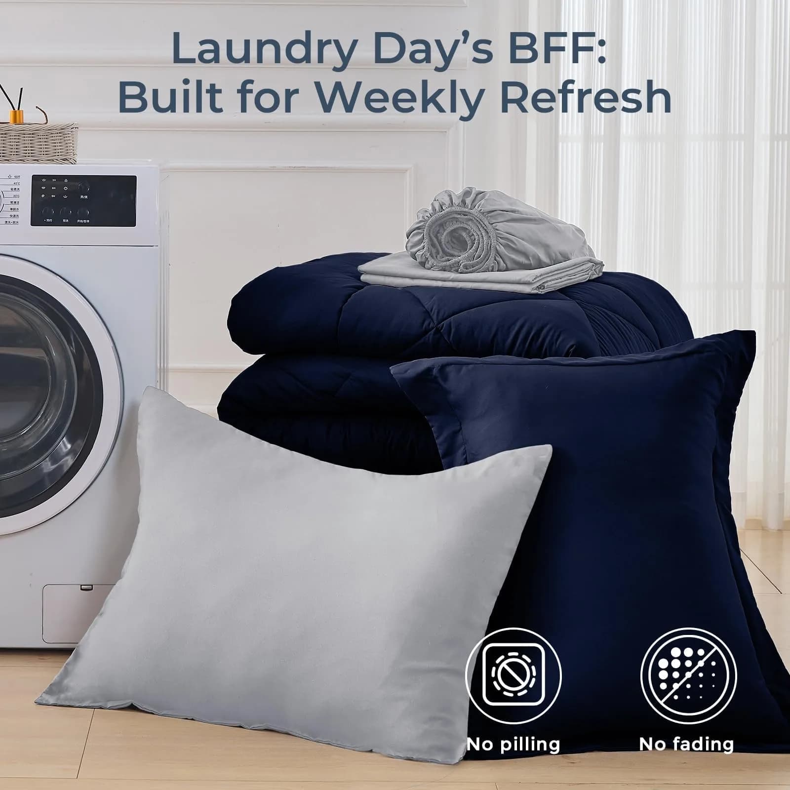 HEVUMYI 5-Piece Twin Comforter Set Navy Blue & Grey 173cm x 224cm (68" x 88") | Cloud-Like Microfiber Bedding for All Seasons - view 7