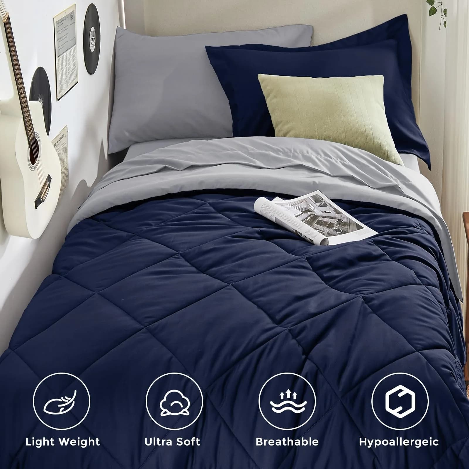 HEVUMYI 5-Piece Twin Comforter Set Navy Blue & Grey 173cm x 224cm (68" x 88") | Cloud-Like Microfiber Bedding for All Seasons - view 2