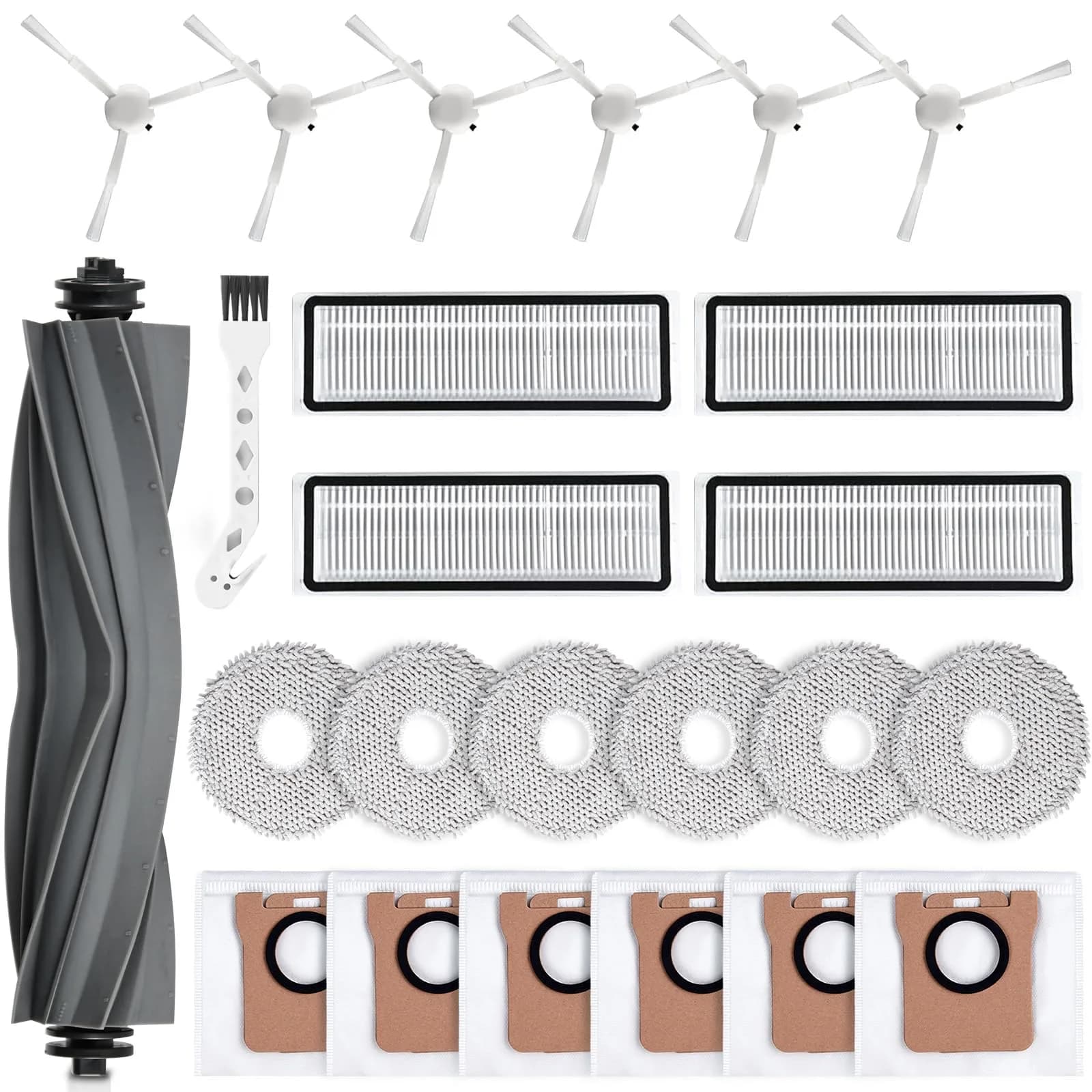 AnDongo 24-Piece Robot Vacuum Accessory Kit for Dreame L10s Ultra / L10 Ultra | 1 Main Brush, 4 HEPA Filters, 6 Sidebrushes, 6 Mop Pads, 6 Dust Bags, 1 Cleaning Brush — Gray L10 Accessories