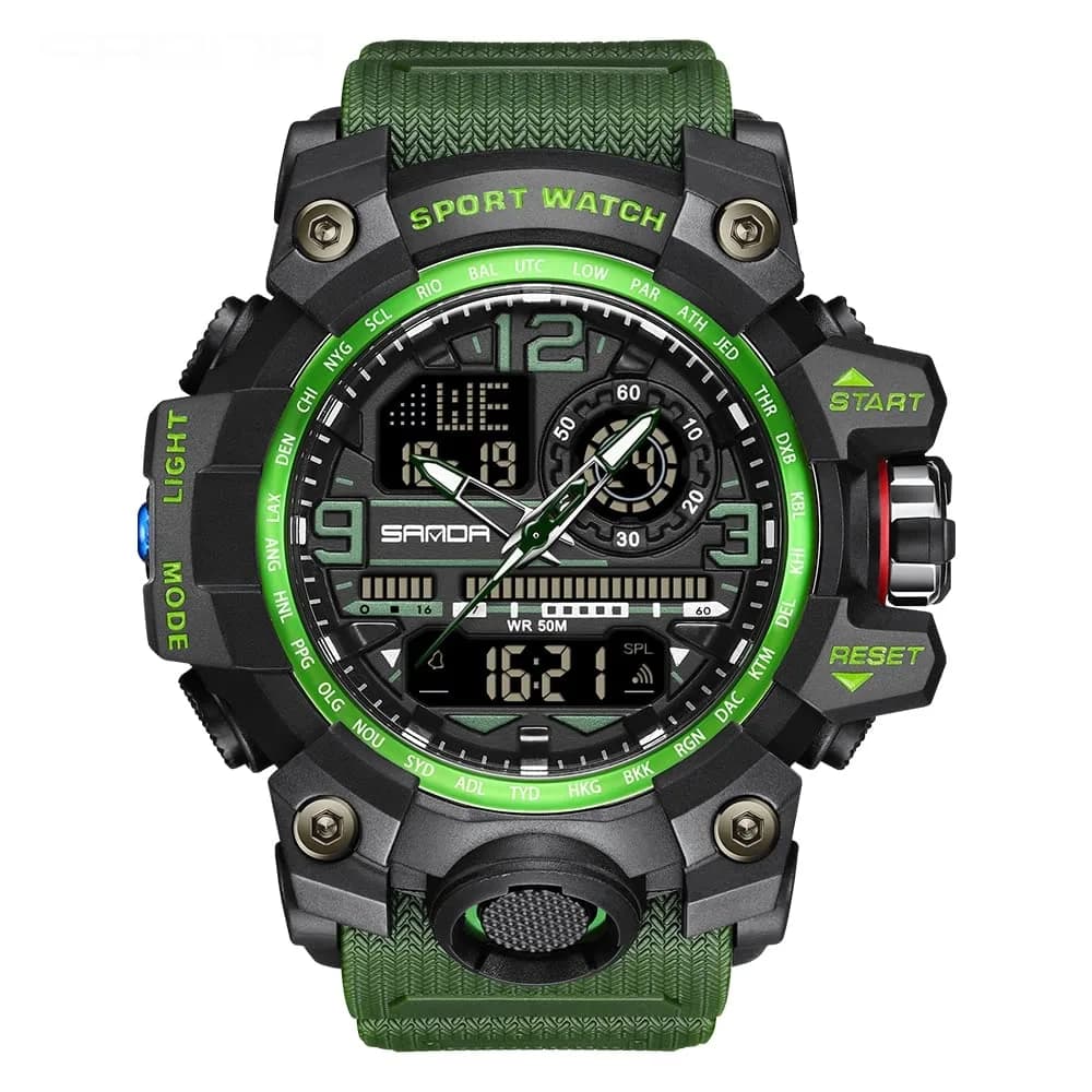 AIMES Men's 3133-Green Sport Watch 53mm | Dual Time Zone Military Watch with LED Alarm & Stopwatch - main product image