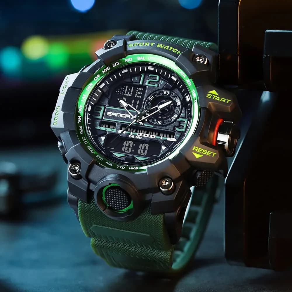 AIMES Men's 3133-Green Sport Watch 53mm | Dual Time Zone Military Watch with LED Alarm & Stopwatch - view 4