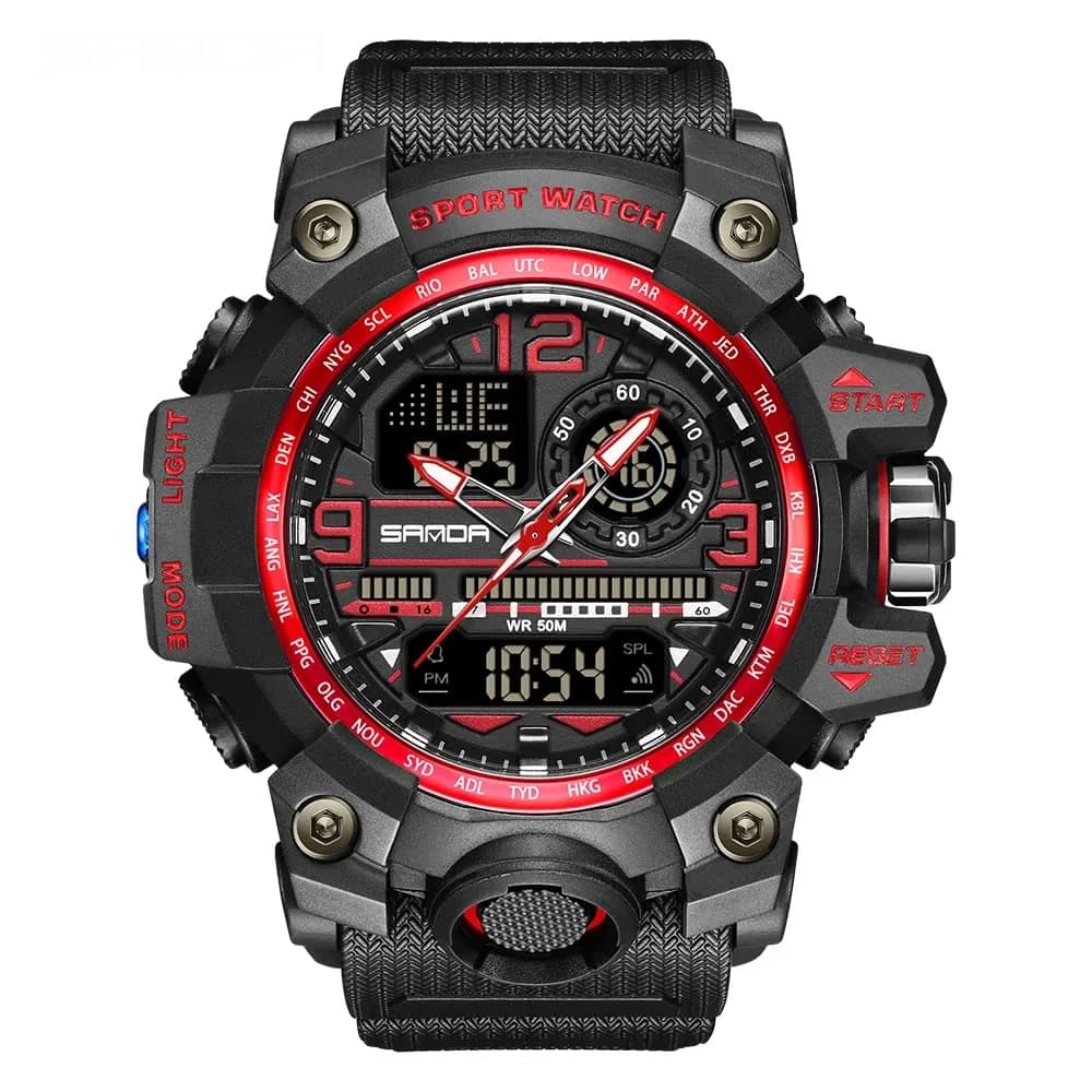 AIMES Men's 3133-Red Sport Watch 53mm Dual Time Zone Military Watch with LED Alarm & Stopwatch - main product image