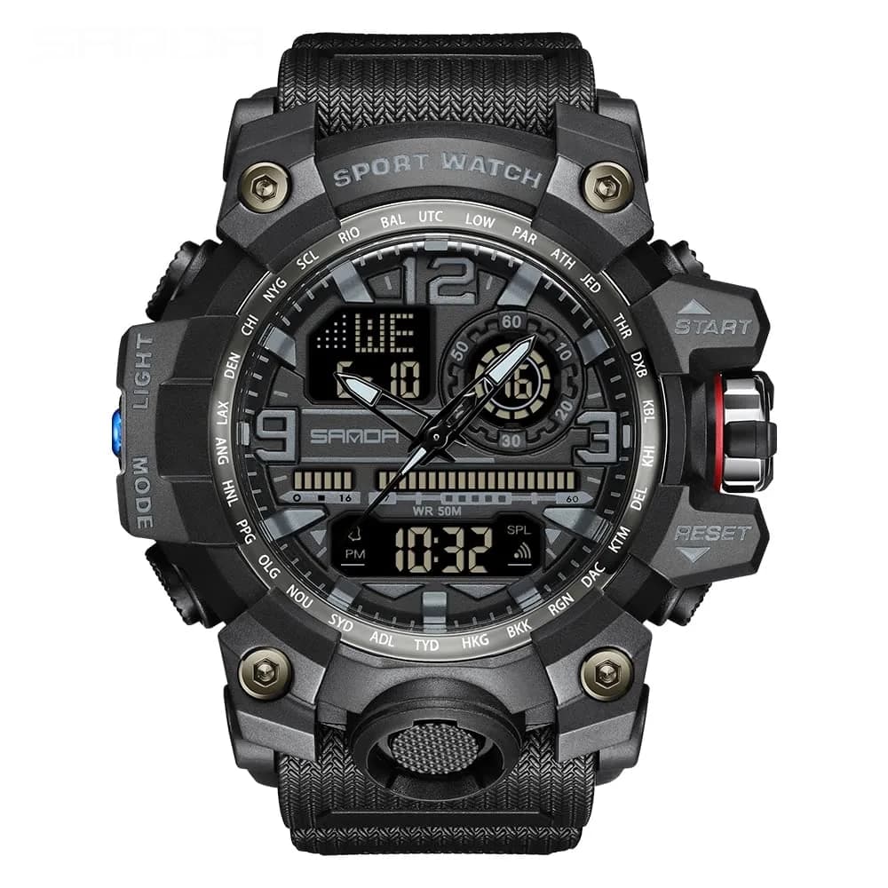 AIMES 3133-Black Men's Sport Watch - 53mm Dual Time Zone Military Watch with LED Alarm - main product image