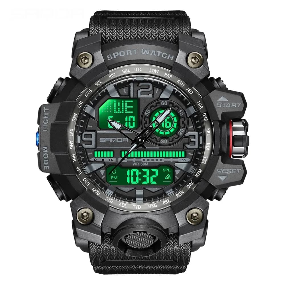 AIMES 3133-Black Men's Sport Watch - 53mm Dual Time Zone Military Watch with LED Alarm - view 3