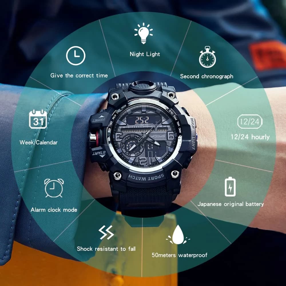 AIMES 3133-Black Men's Sport Watch - 53mm Dual Time Zone Military Watch with LED Alarm - view 4