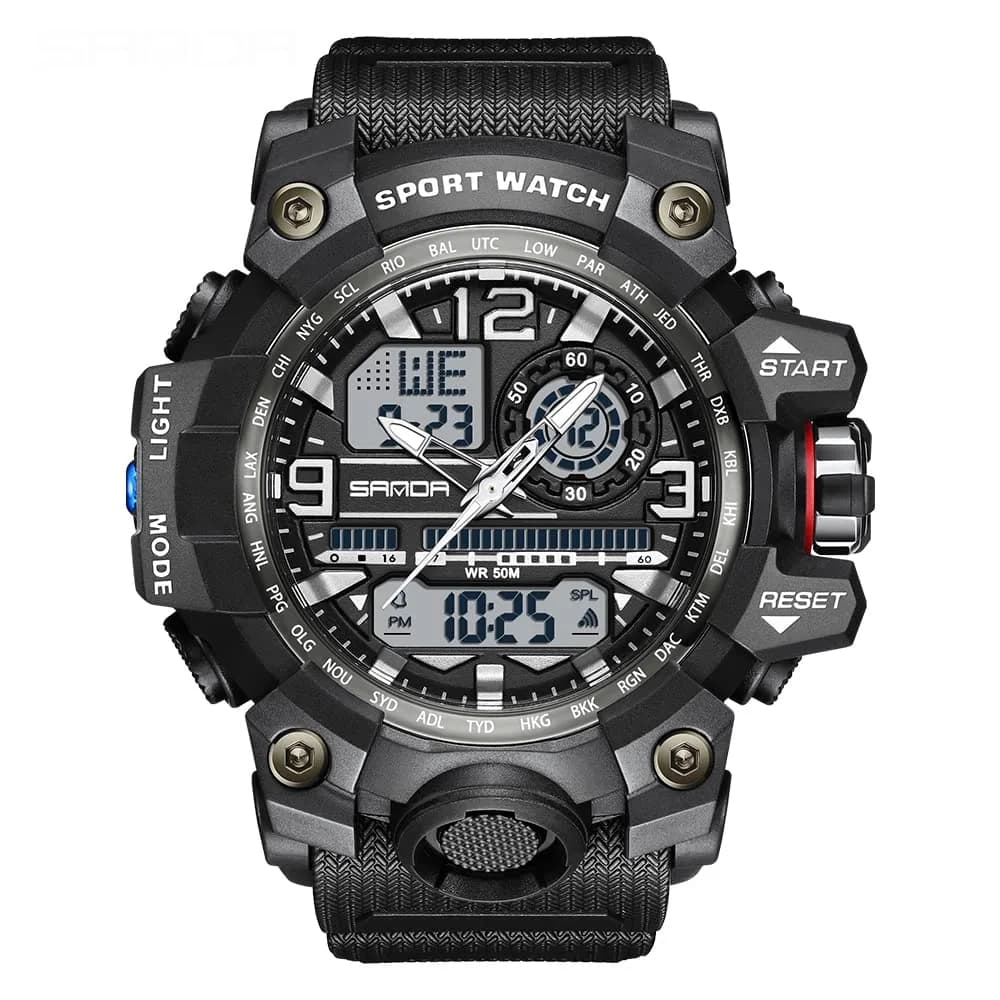 AIMES Men's 3133-Black White Sport Watch 53mm Dual Time Zone Military Watch with LED Alarm & Stopwatch - main product image