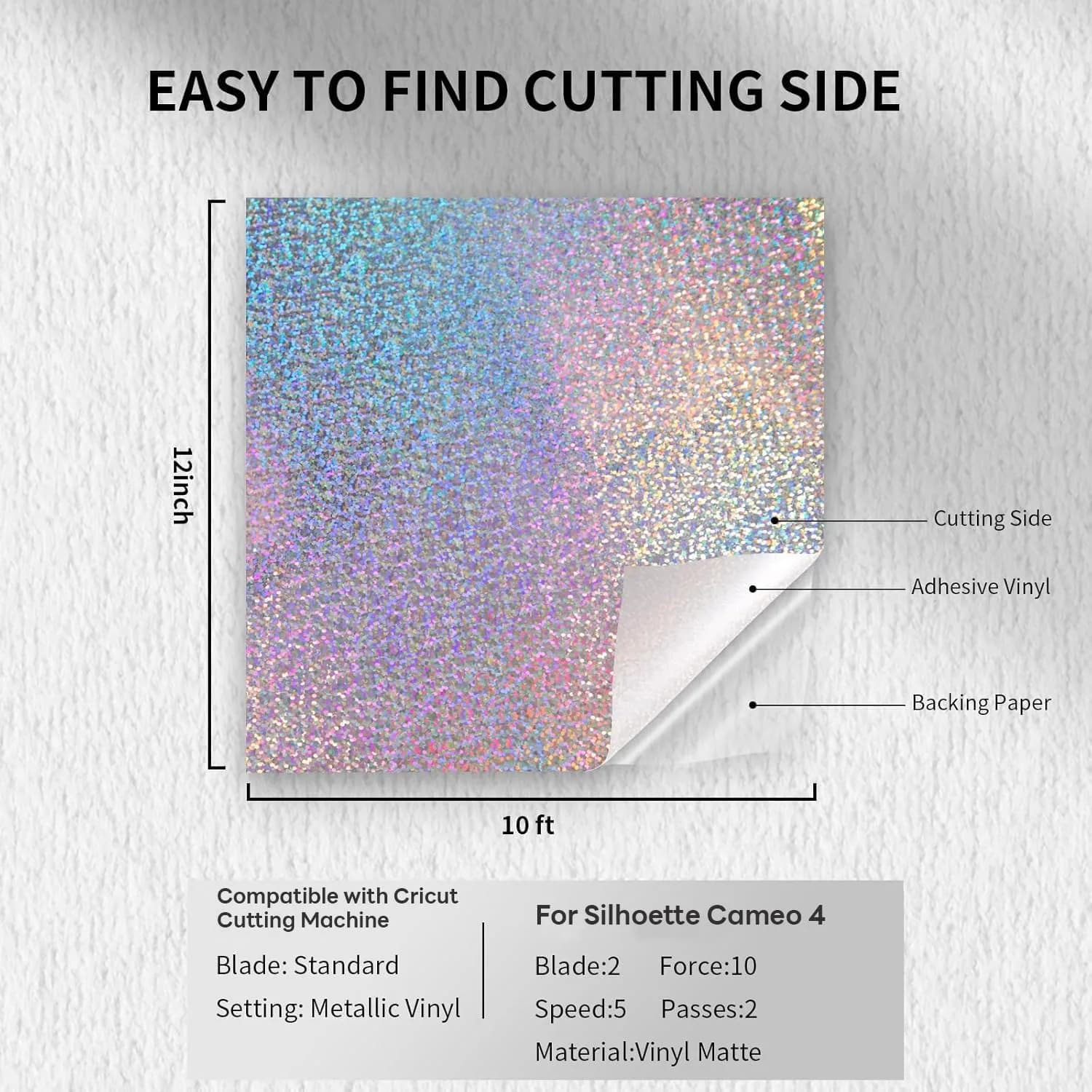 HTVRONT Holographic Glitter Permanent Vinyl Roll 12" x 10FT (30cm x 3m) | Easy Cut & Weed for Crafts - view 2
