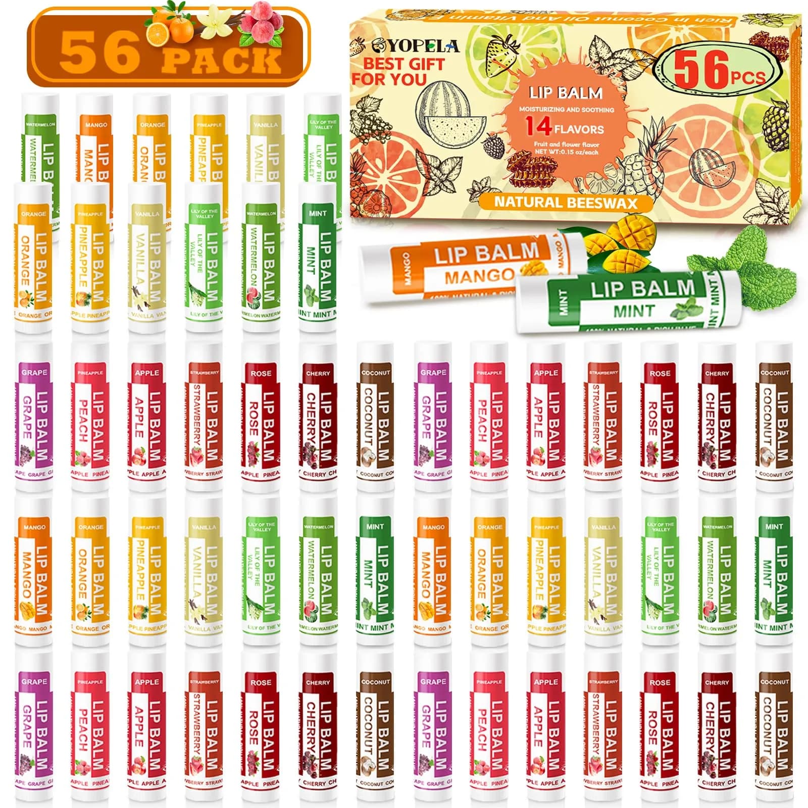 Yopela Natural Lip Balm 56 Pack | Moisturizing & Soothing with Vitamin E & Coconut Oil — Multi-colored