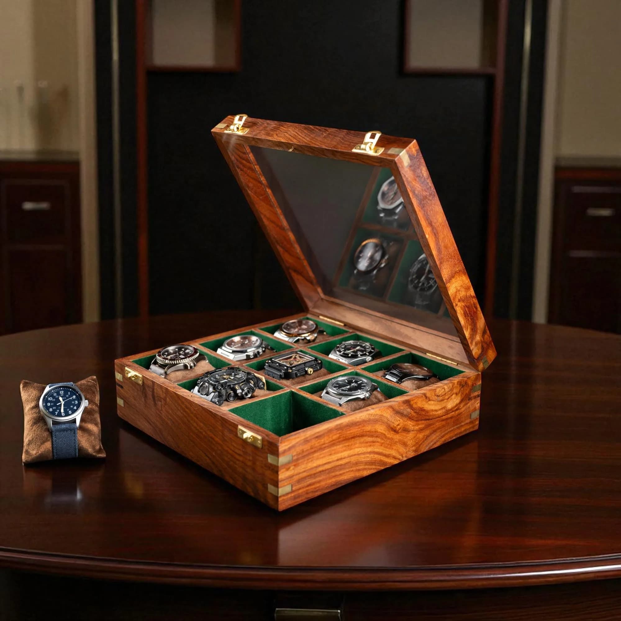 Royal Craft Expertise 9 Slot Handmade Wooden Watch Case | Indian Rosewood Timepiece Organizer with Glass Lid - main product image