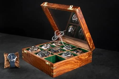 Royal Craft Expertise 9 Slot Handmade Wooden Watch Case | Indian Rosewood Timepiece Organizer with Glass Lid thumbnail 4