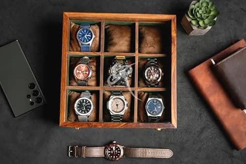 Royal Craft Expertise 9 Slot Handmade Wooden Watch Case | Indian Rosewood Timepiece Organizer with Glass Lid thumbnail 2