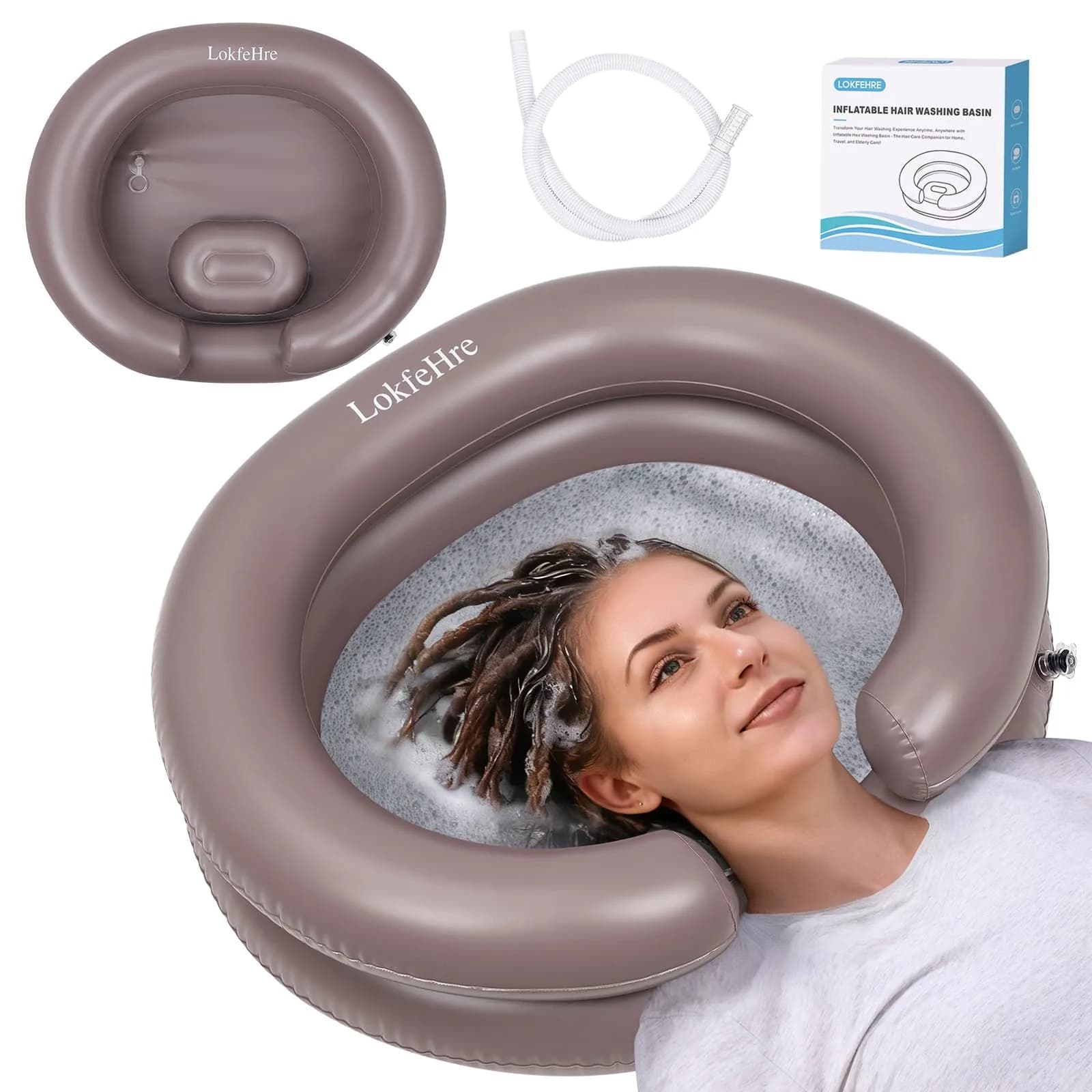 LOKFEHRE Inflatable Shampoo Basin with Pillow for Bedridden 26-inch Outer | 18-inch Inner Basin, Brown - main product image