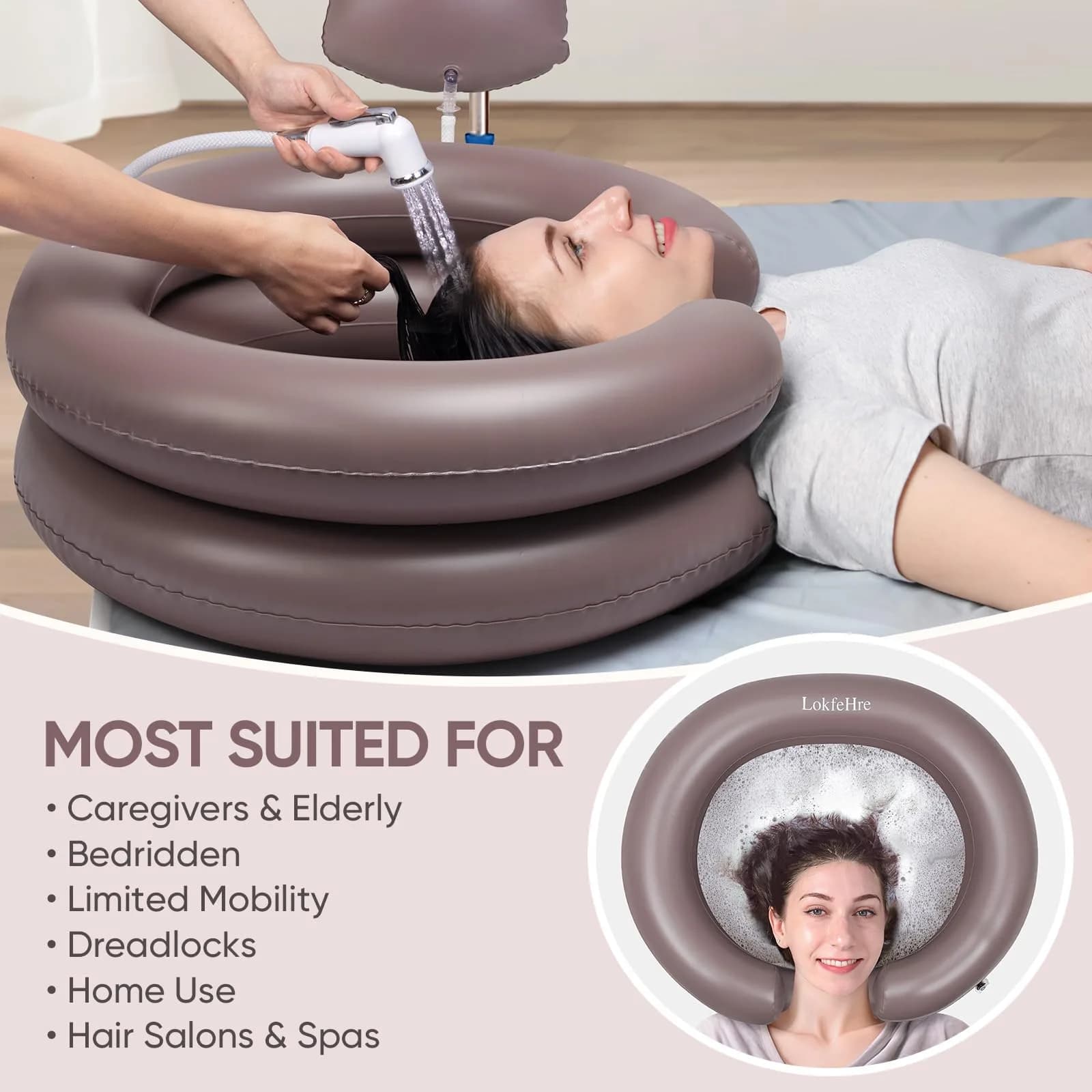 LOKFEHRE Inflatable Shampoo Basin with Pillow for Bedridden 26-inch Outer | 18-inch Inner Basin, Brown - view 5