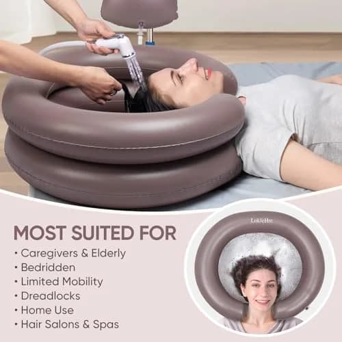LOKFEHRE Inflatable Shampoo Basin with Pillow for Bedridden 26-inch Outer | 18-inch Inner Basin, Brown thumbnail 5