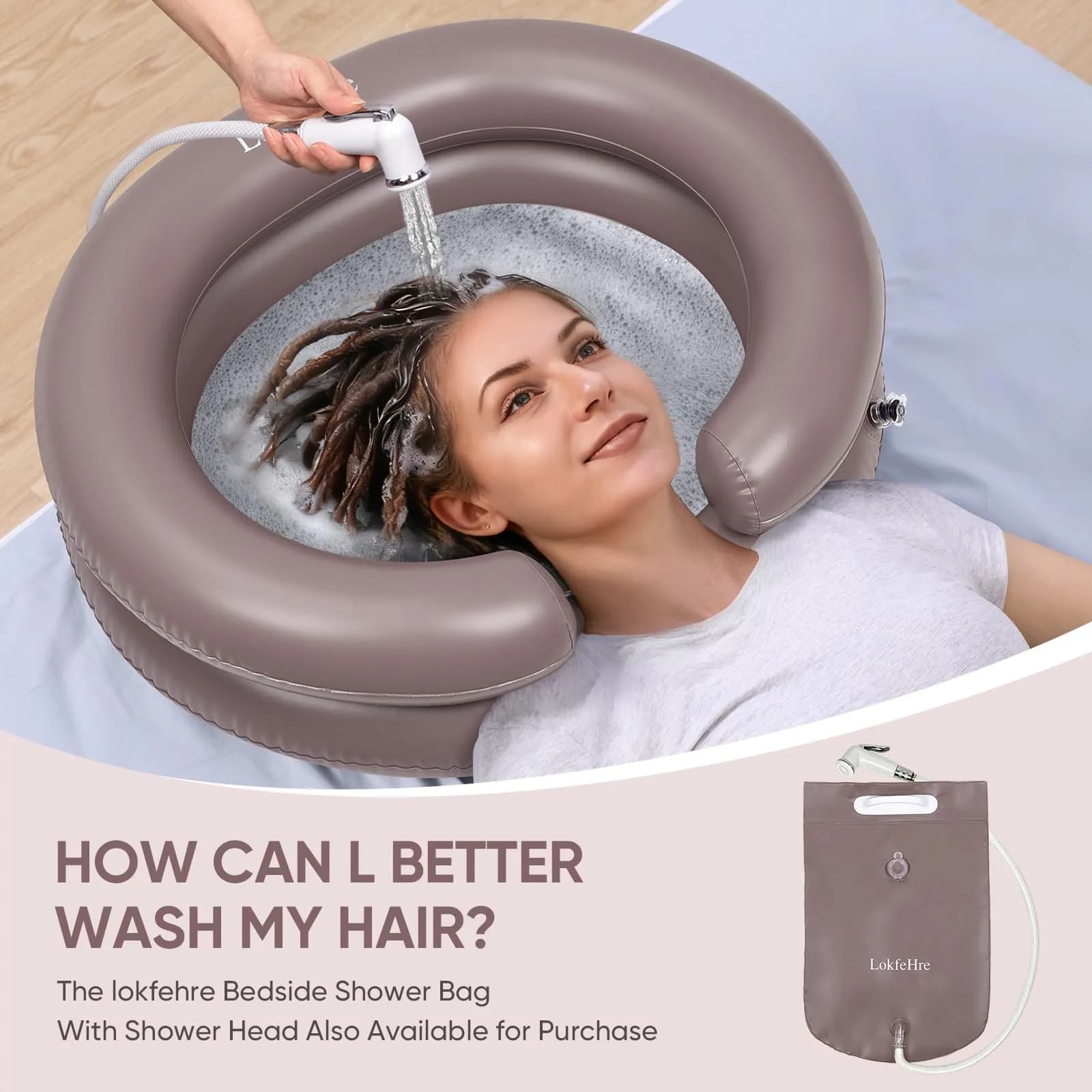 LOKFEHRE Inflatable Shampoo Basin with Pillow for Bedridden 26-inch Outer | 18-inch Inner Basin, Brown - view 7