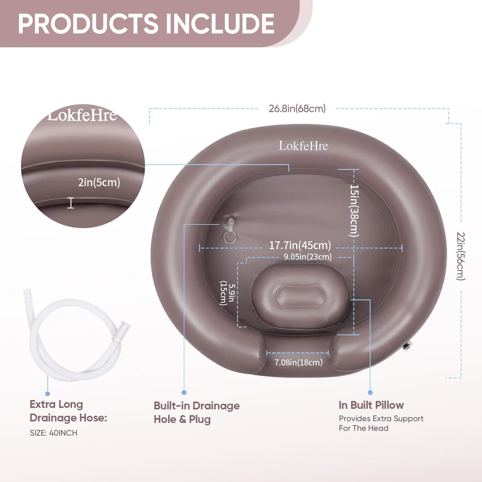 LOKFEHRE Inflatable Shampoo Basin with Pillow for Bedridden 26-inch Outer | 18-inch Inner Basin, Brown - view 3