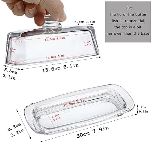 QFkris Art Glass Butter Dish with Lid, 20.32 cm (8 inches) Rectangular Clear | Keeps Butter Fresher for Longer thumbnail 2