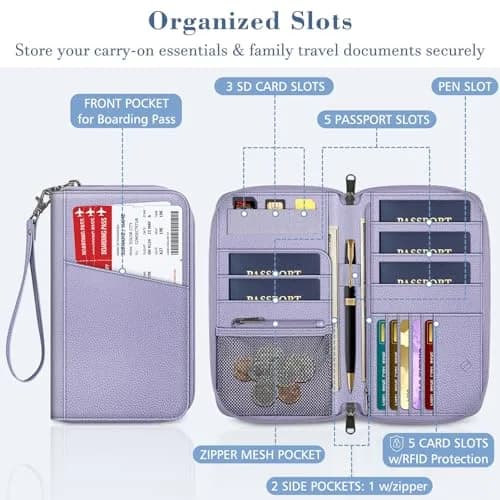 FINTIE Family RFID Passport Holder Wallet for Travel | RFID Blocking, 16 Compartments, Lilac Purple thumbnail 2