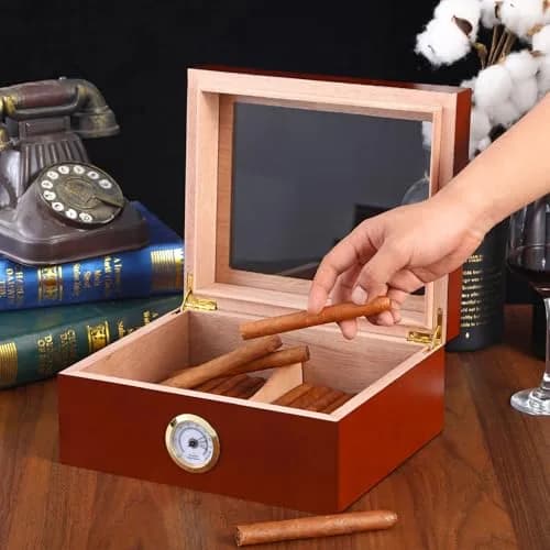 Somduy Cedar Wood Cigar Humidor for 30-50 Cigars with Humidifier & Hygrometer | Rustic Brown Classic Style thumbnail 2