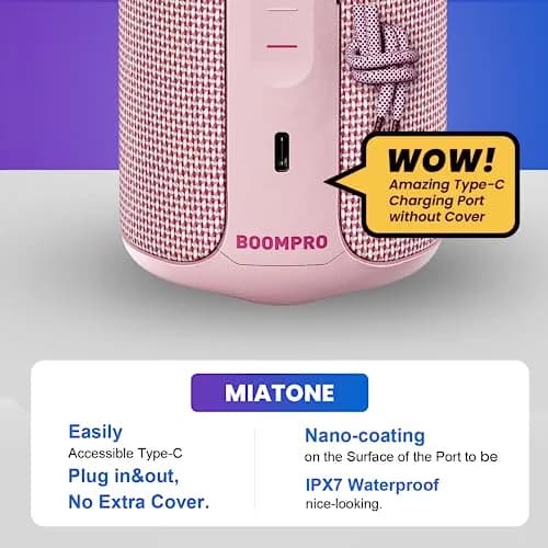 MIATONE BOOMPRO Portable Bluetooth Speaker 36W Stereo Sound, 7.4 inch (19 cm) - Pink thumbnail 7