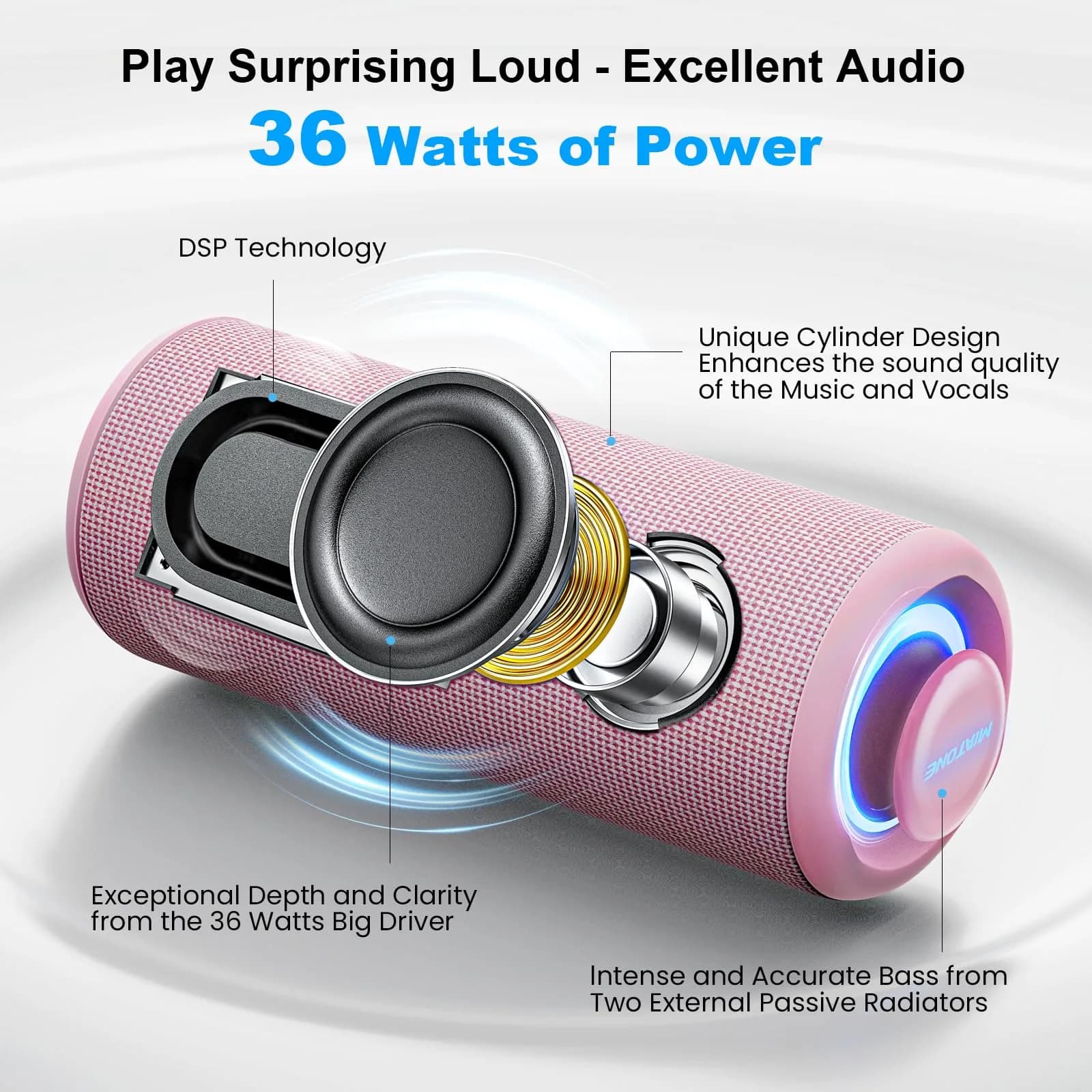 MIATONE BOOMPRO Portable Bluetooth Speaker 36W Stereo Sound, 7.4 inch (19 cm) - Pink - view 2