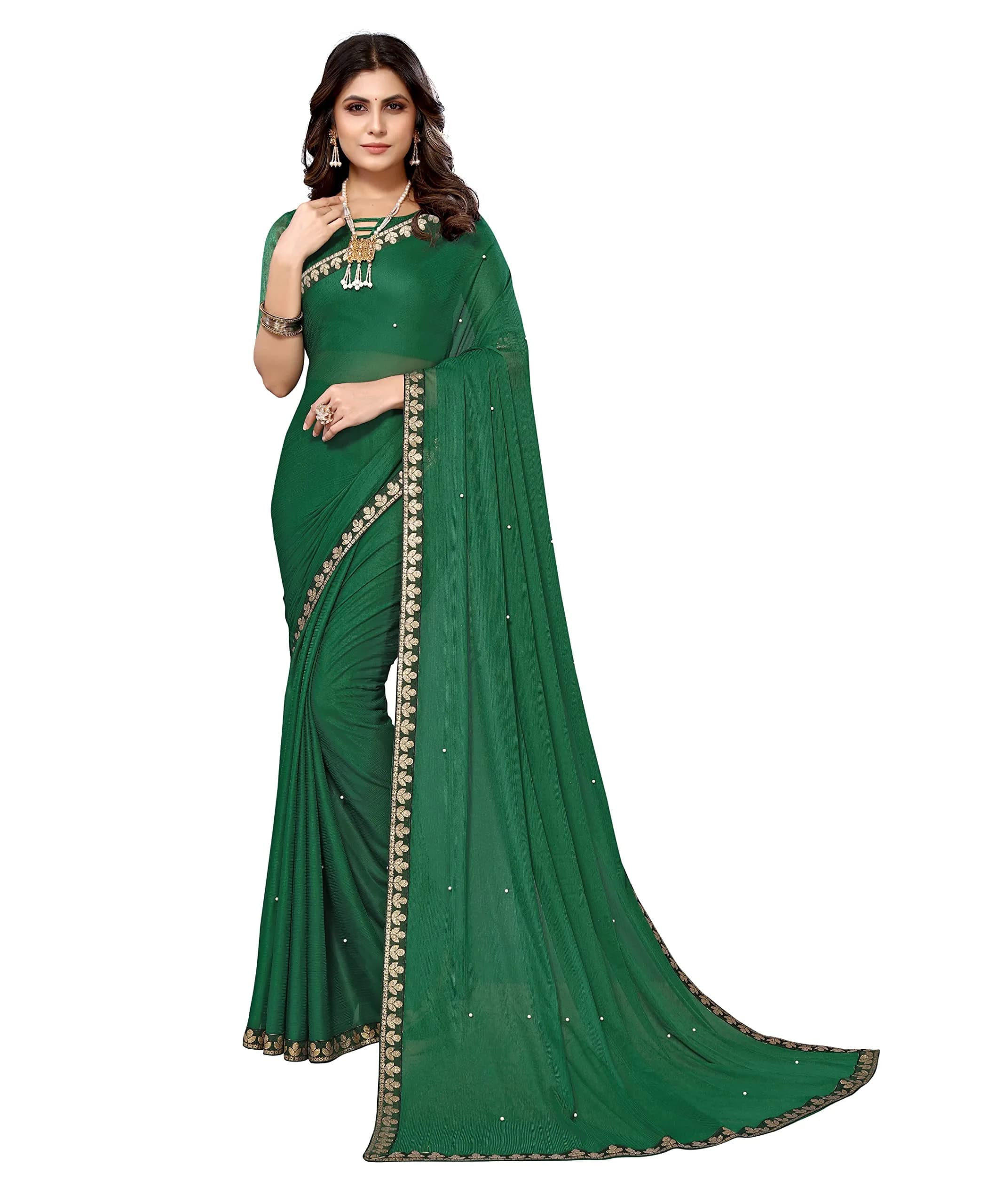 Yashika Womens Lycra Blend Saree with Blouse Piece, Green, 5.2m Saree + 0.8m Blouse | Traditional Indian Wear for Parties & Daily Use - main product image