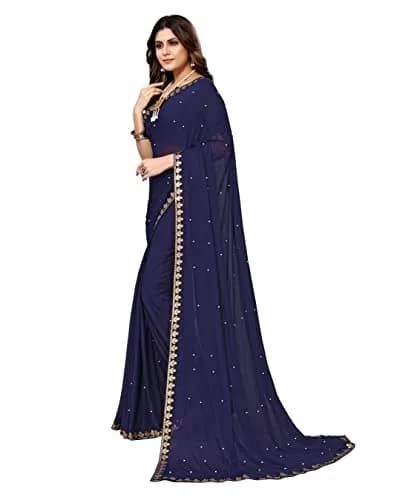 Yashika Navy Lycra Blend Saree with Unstitched Blouse 6.3m | Party Wear & Festive Occasion thumbnail 2