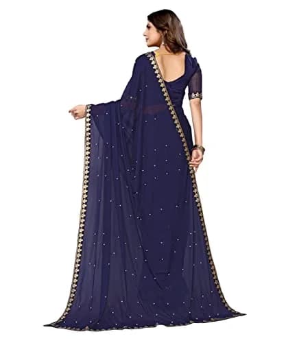 Yashika Navy Lycra Blend Saree with Unstitched Blouse 6.3m | Party Wear & Festive Occasion thumbnail 3