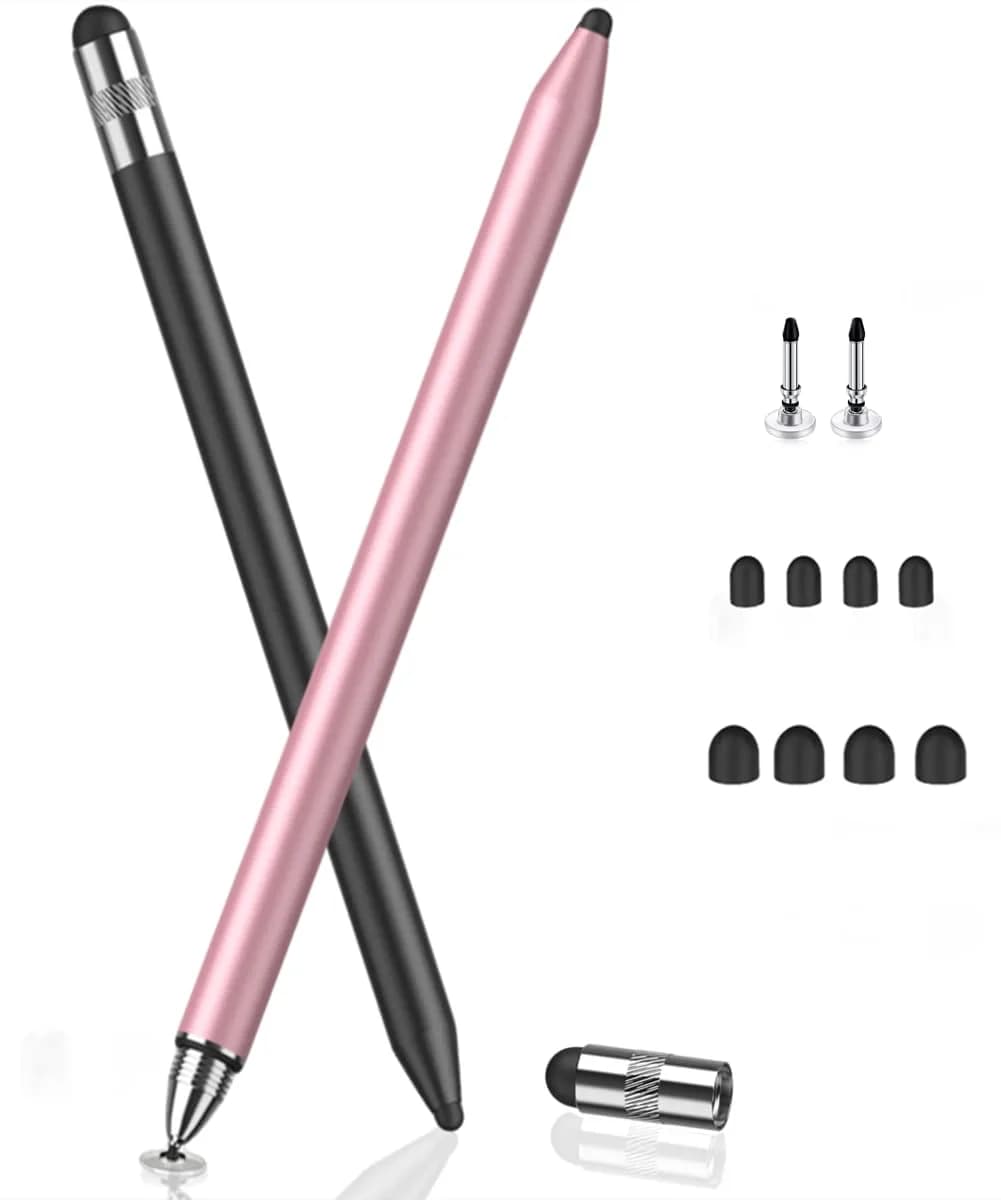 MEKO 3-in-1 Universal Stylus Pen with Disc Tip & Rubber Tips (2-Pack, Black/Blue) | Highly Sensitive & Accurate for Touchscreens — Black/Rose Gold