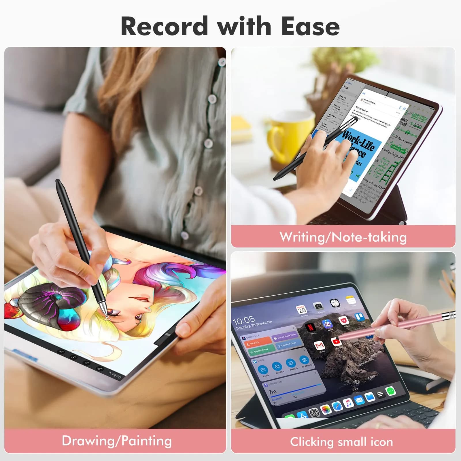 MEKO 3-in-1 Universal Stylus Pen for Touchscreens, 2-Pack Black/Rose Gold | Highly Sensitive Disc & Rubber Tips thumbnail 6